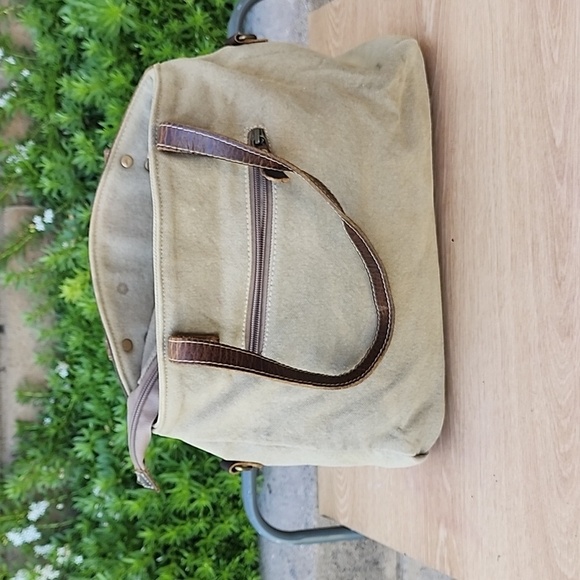 Myra Leather Canvas Woven Khaki Green Brown Boho Tapestry Shoulder Tote Bag. - Picture 3 of 12